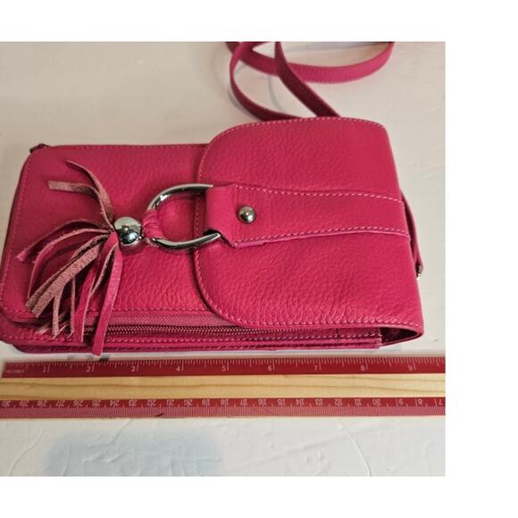 Genuine Pebble Leather Crossbody DK Pink 9"x5" Wallet  Phone Case 48" Strap New - Picture 5 of 10